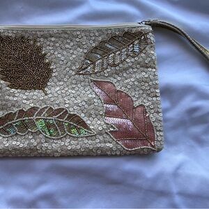 America & Beyond Beaded Sequin Garden Leaf Makeup Bag- Rose, Cream and Gold